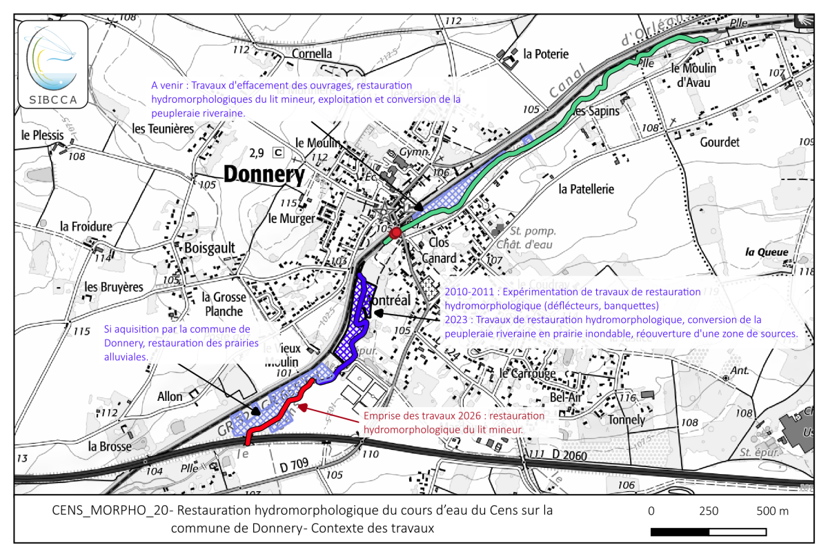 Une carte détaillée représentant la commune de Donnery, centrée sur le tracé d'un cours d'eau. Des annotations textuelles expliquent les différentes étapes des travaux de restauration hydromorphologique prévus entre 2010 et 2026. 